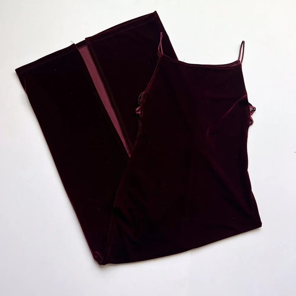Vintage Steppin' Out 90s Red Velvet Maxi Dress with Lace-Up Sides